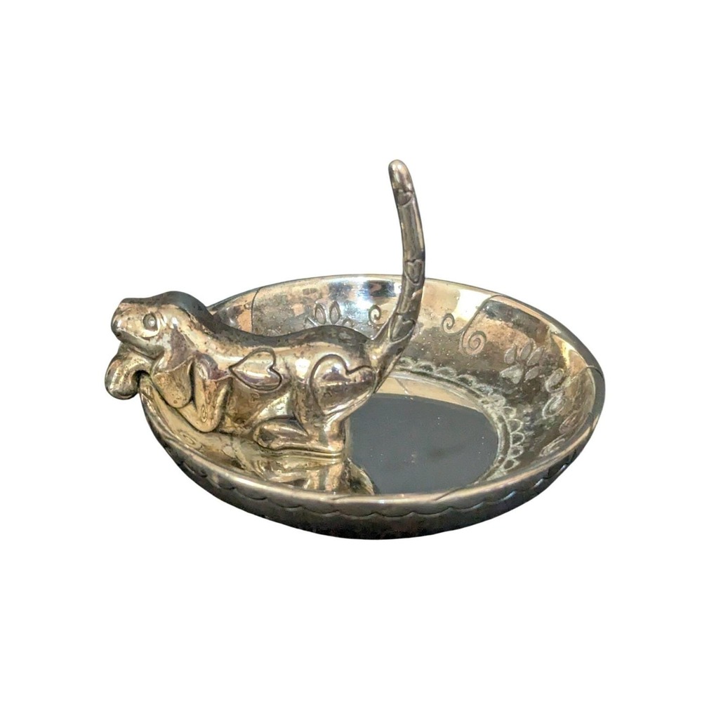 Brighton‎ Silver Tone Cat Dog Ring Holder Trinket Dish Mirror Base Heart Detail